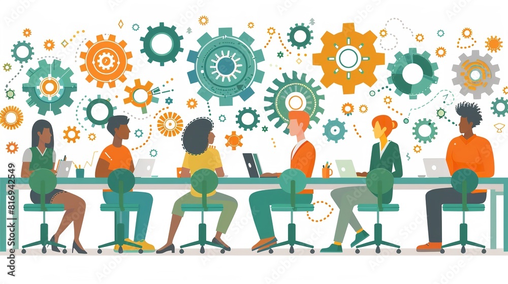 A diverse group of individuals sitting at a table, engaged in conversation or collaboration, with industrial gears in the background A diverse group of individuals sitting at a table, engaged in conversation or collaboration, with industrial gears in the background