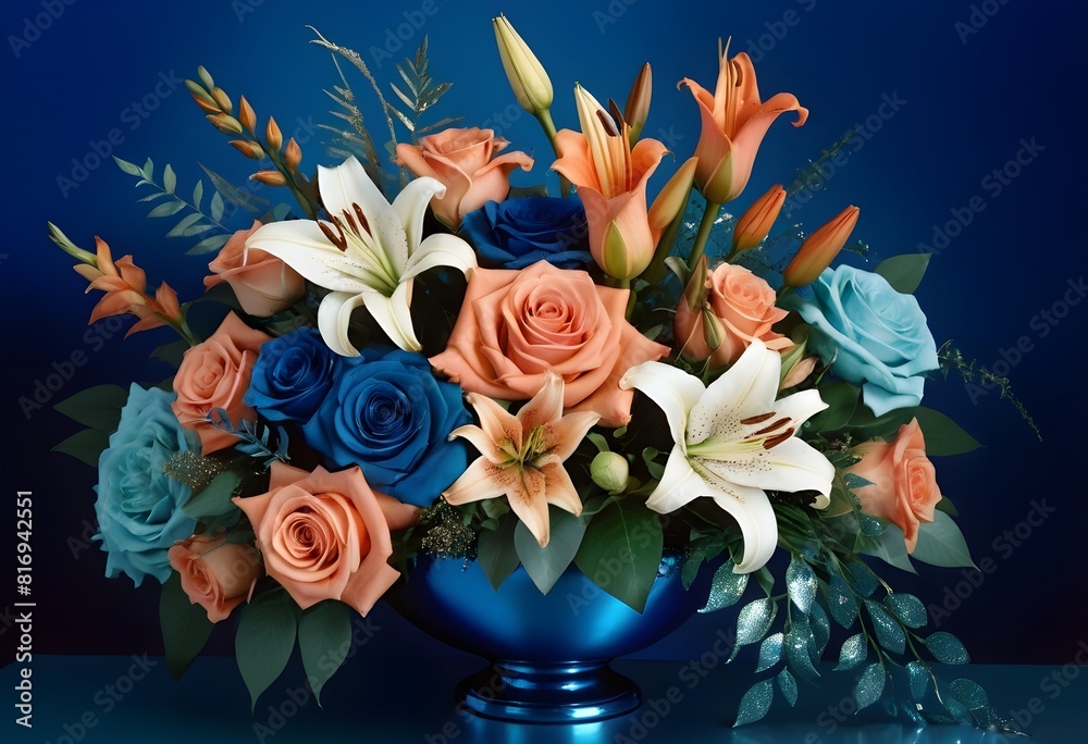 Fototapeta premium Creative layout bouquet made of various realistic flowers including rose lilly and other flowers with matellic colours with transparent royal background