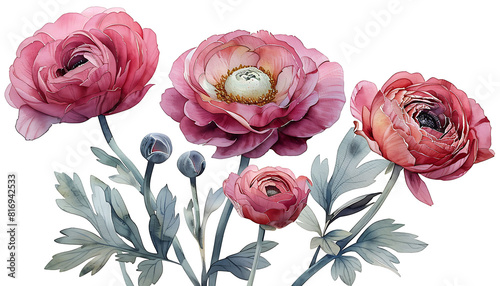 Watercolor illustration of orange and pink ranunculus flowers with green leaves  detailed petals  and a natural botanical arrangement