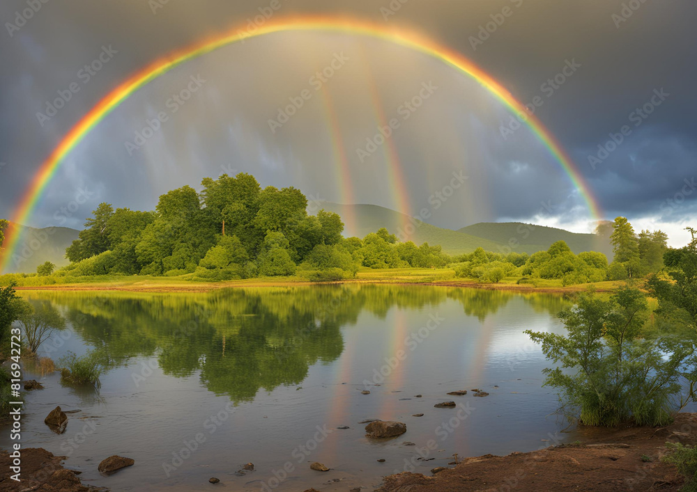 A rainbow glows in the sky after the rain. Amazing natural phenomenon backgrounds for everyone.