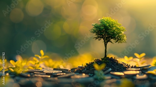A small tree growing on a pile of coins with a green bokeh background, in the style of money business financial stock concept. 