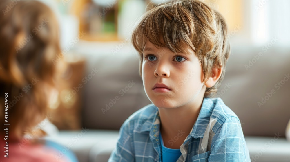 A young boy is sitting on a couch next to his mother.
