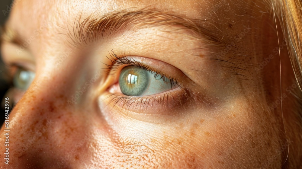 Closeup portrait of a woman with freckles and blue eyes, showcasing natural beauty and unique features Closeup portrait of a woman with freckles and blue eyes, showcasing natural beauty and unique features