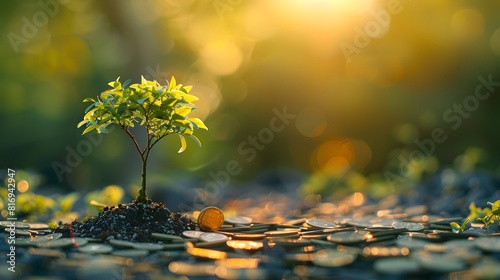 A small tree growing on a pile of coins with a green bokeh background  in the style of money business financial stock concept. 