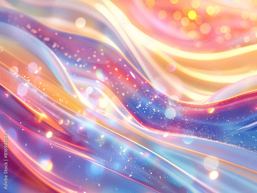 A radiant, abstract depiction of smooth, flowing ribbons of light in pastel hues of pink, blue, yellow, and purple. The image is accentuated with soft bokeh and sparkles A radiant, abstract depiction of smooth, flowing ribbons of light in pastel hues of pink, blue, yellow, and purple. The image is accentuated with soft bokeh and sparkles
