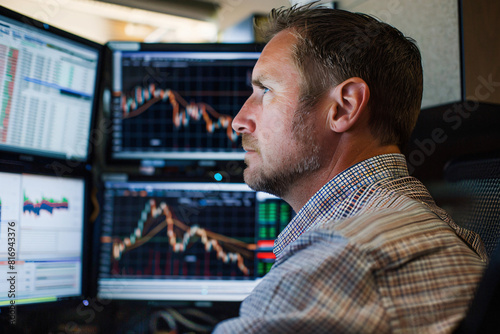 Man trading stock in front of computer. Generative AI.