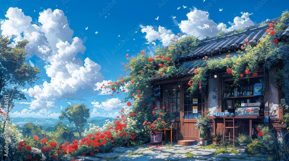 a side view painting of a small house with a rose garden, blue sky, sunshine and white clouds a side view painting of a small house with a rose garden, blue sky, sunshine and white clouds