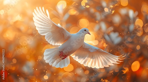 A white dove flaps its wings in the air, radiating warm light and symbolizing peace and freedom.  © horizon