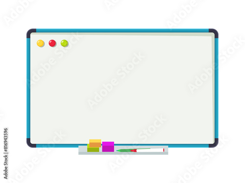 Empty whiteboard. Clean office board with markers and color magnets isolated cartoon vector illustration