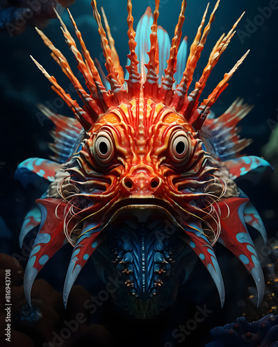 A fearsome looking red and blue fish with large eyes and sharp teeth.