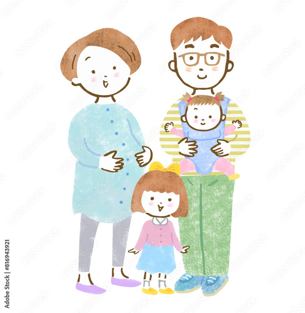 3人目妊娠中のママと長女を抱っこするパパとお姉ちゃんの4人家族の手描きイラスト