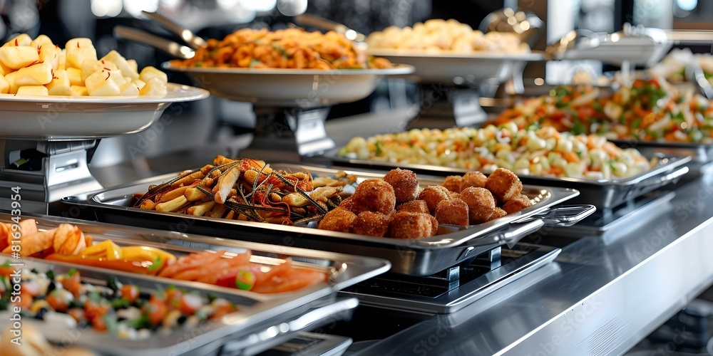 Closeup of buffet table in restaurant with assorted food and snacks. Concept Food Photography, Restaurant Scene, Buffet Table, Assorted Snacks