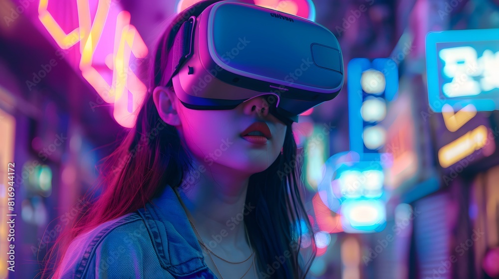 A woman wearing a VR headset in front of a neon light background.
A woman wearing a VR headset in front of a neon light background.