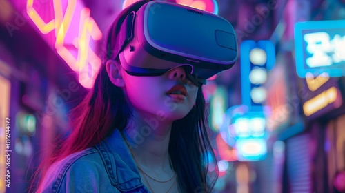 A woman wearing a VR headset in front of a neon light background. 