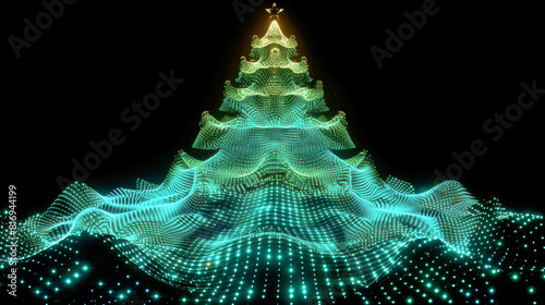 Dynamic digital representation of a Christmas tree formed by glowing particles in a wave-like pattern against a dark background, emanating a festive and futuristic vibe. photo