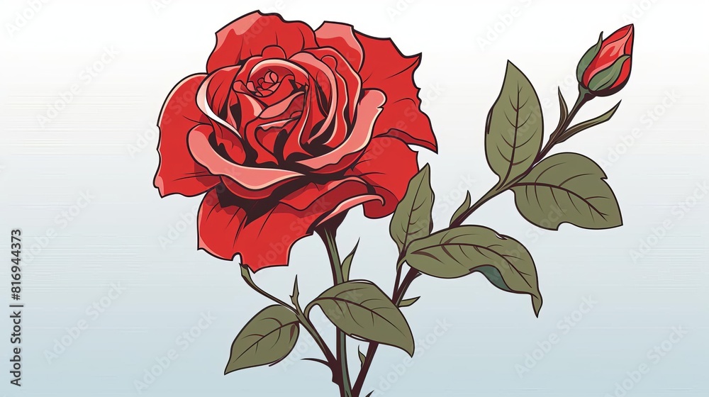 Fototapeta premium A beautiful red rose in full bloom with a closed bud on a long green stem with thorns and green leaves.