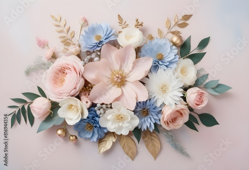 Creative layout bouquet made of various realistic flowers including rose lilly and other flowers with matellic colours with transparent luxrious background