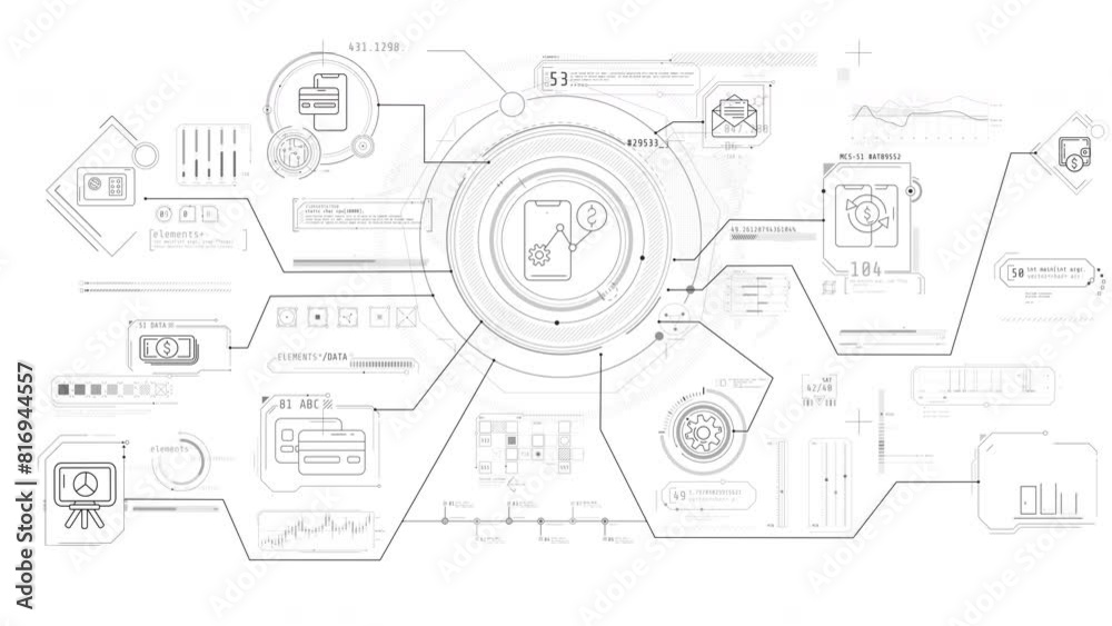 Monochrome animated infographic diagram about smartphone as a financial tool. Monochrome animated infographic diagram about smartphone as a financial tool.