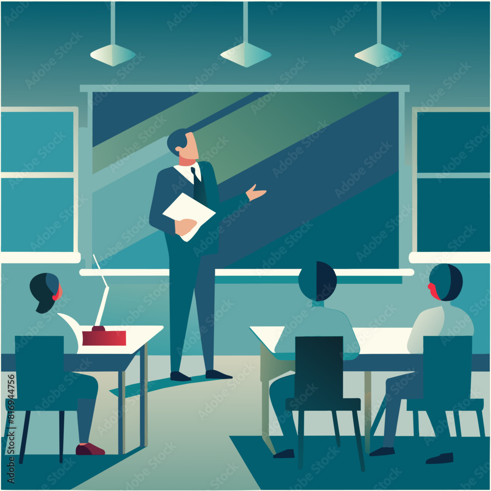 Fototapeta premium An illustration showcasing a teacher interacting with students in a modern classroom setting