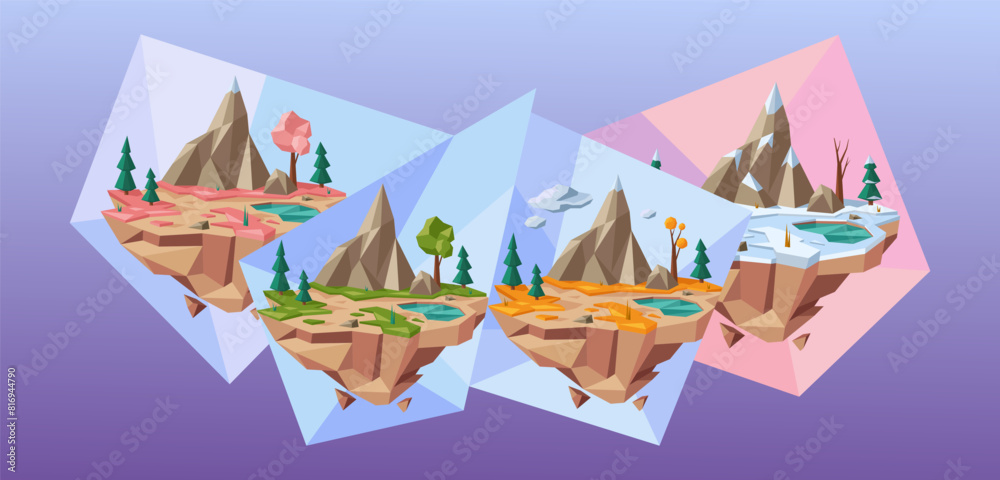 Low poly four seasons landscape. Abstract floating islands represent spring, summer, autumn and winter environments vector illustration Low poly four seasons landscape. Abstract floating islands represent spring, summer, autumn and winter environments vector illustration