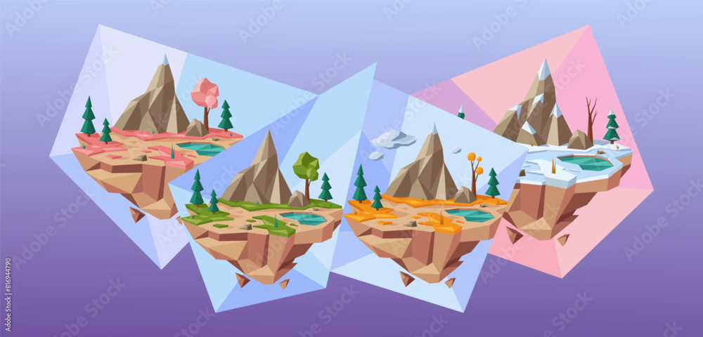 Low poly four seasons landscape. Abstract floating islands represent spring, summer, autumn and winter environments vector illustration