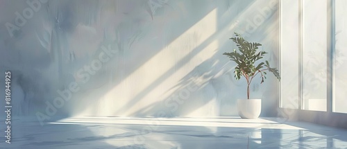 Minimalist white room with morning light streaming through a large window, serene, digital painting