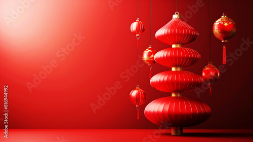 Elegant red lanterns and ornaments hanging against a red background, symbolizing festive decoration and celebration, commonly associated with Chinese New Year. photo
