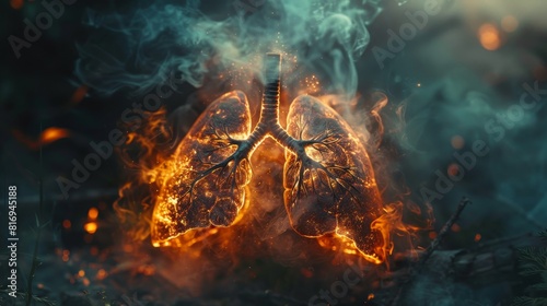 Intense close-up of a pair of lungs engulfed in flames, smoke billowing out, a powerful representation of lung cancer effects