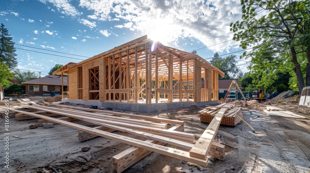 Insightful look into a story house construction site, with wood framing and builders at work, emphasizing the raw construction process Insightful look into a story house construction site, with wood framing and builders at work, emphasizing the raw construction process