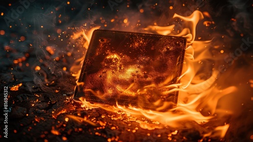 Intense close-up of a burning leather wallet, lava and smoke swirling around, set dramatically against a dark, isolated sky photo