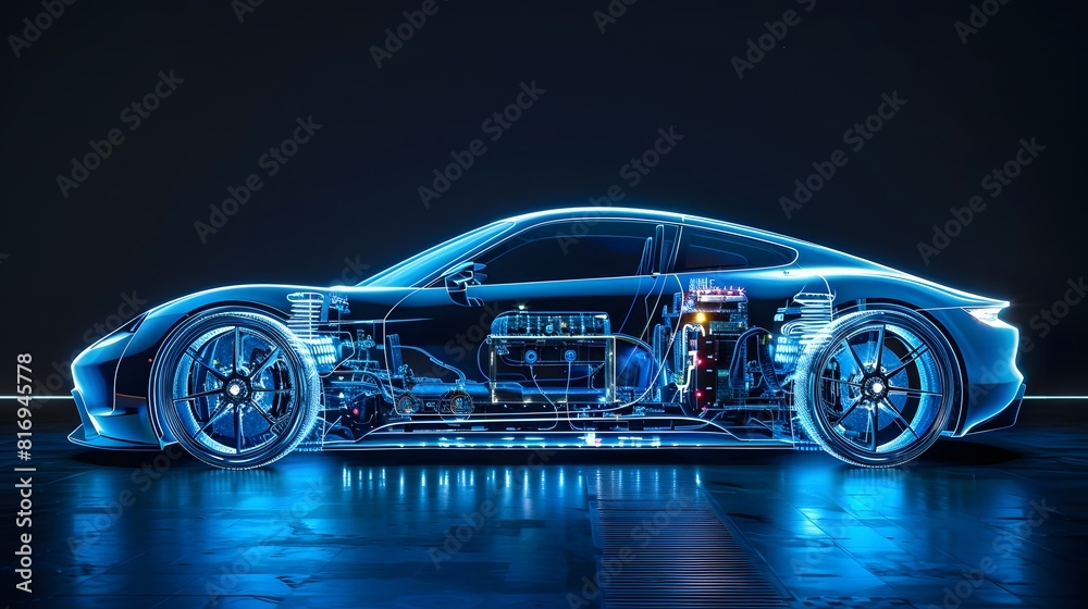 An electric car with an illuminated transparent blue body, showing the internal structure of its power system and battery in detail.
An electric car with an illuminated transparent blue body, showing the internal structure of its power system and battery in detail.