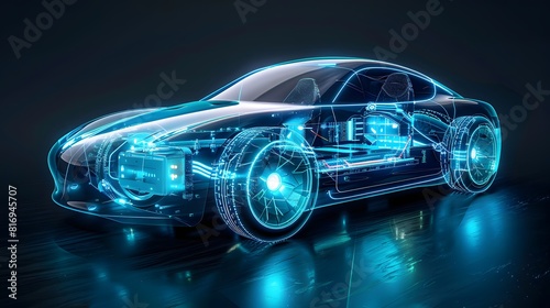 An electric car with an illuminated transparent blue body, showing the internal structure of its power system and battery in detail.  © horizon