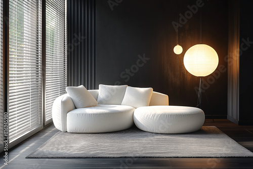 Modern minimalistic interior design  white circular sofa and floor lamp with white glass balls on the black wall  window blinds