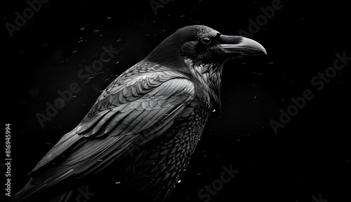 A black and white photo of a crow with its head tilted to the side. The image has a moody and mysterious feel to it, as the crow is the only visible subject. Generative AI