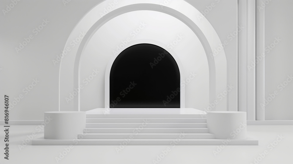 Fototapeta premium Minimalist white architectural set design with arches, steps leading to a black backdrop, and cylindrical podiums. Ideal for showcasing products or conceptual presentations.