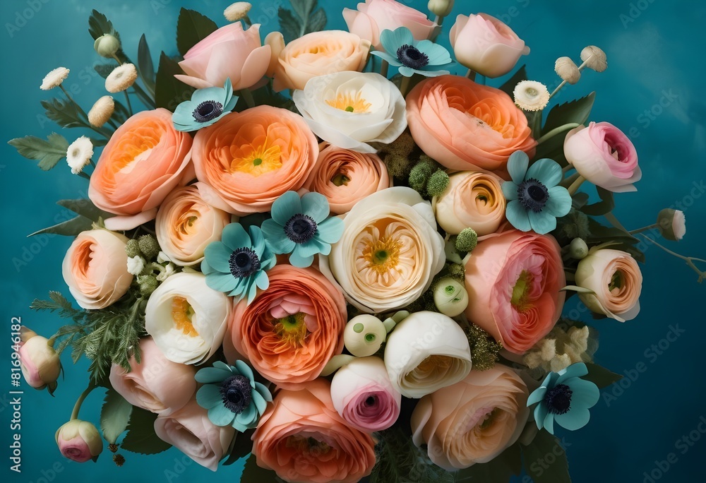 Creative layout bouquet made of various realistic flowers including rose lilly and other flowers with matellic colours with transparent royal background