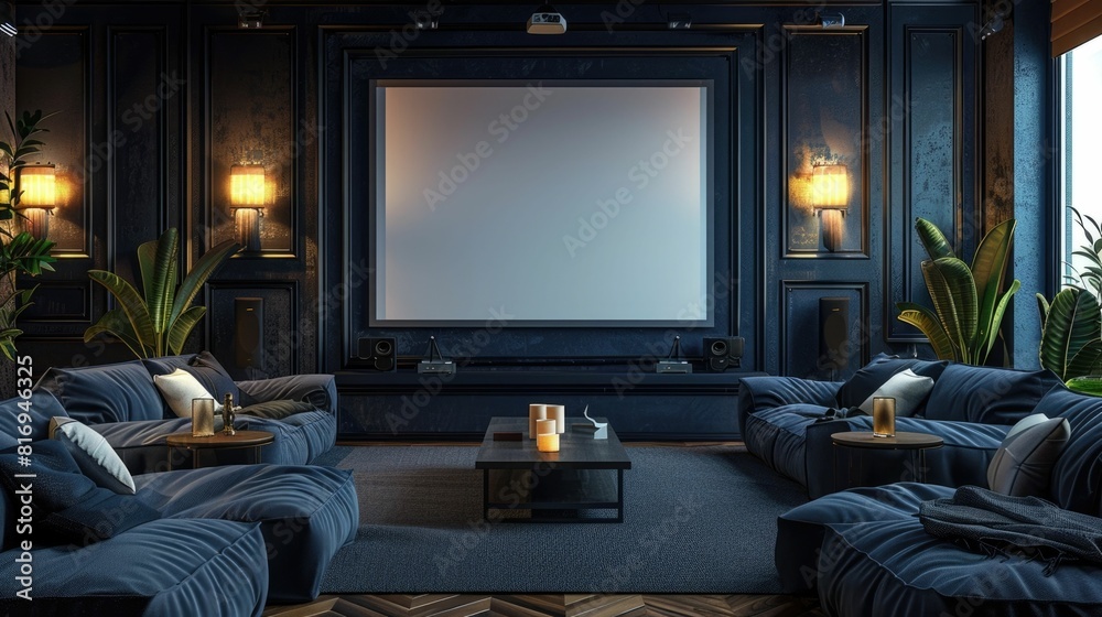 Stunning Luxury Home Theater with Blank Poster Frame Ideal for Classic Movie Art or Modern Displays Stunning Luxury Home Theater with Blank Poster Frame Ideal for Classic Movie Art or Modern Displays