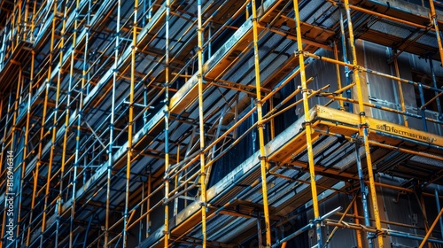High-detail close-up of scaffolding used in the construction of a large building, emphasizing the architectural and engineering aspects