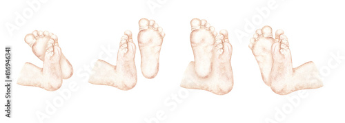 Baby heels for newborns, bottom view of cute feet. Tiny chubby heels with cute little toes. Different leg poses. Realistic skin colors. Watercolor illustration on isolated white background. Baby