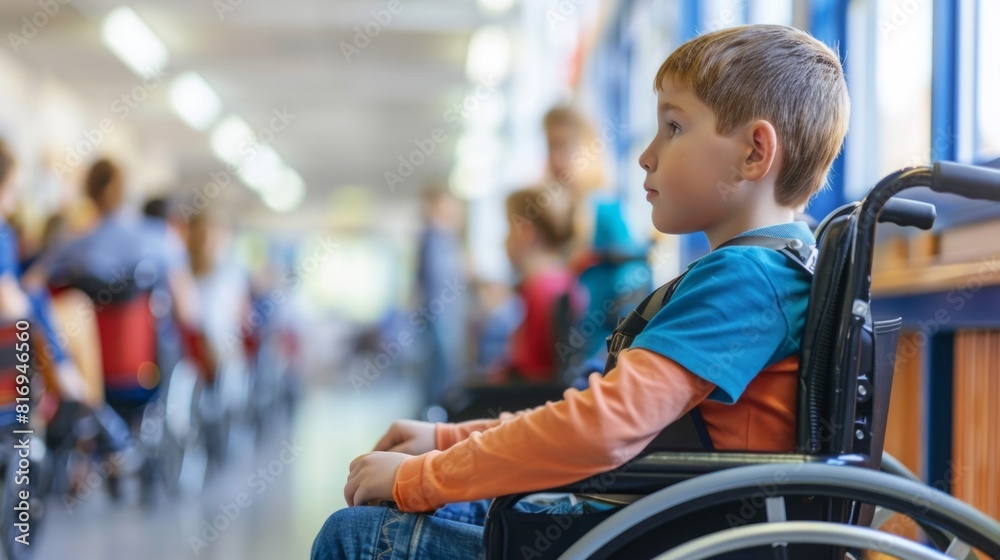 A boy in a wheelchair is seated in a hallway, a quiet moment captured in an everyday setting. A boy in a wheelchair is seated in a hallway, a quiet moment captured in an everyday setting.