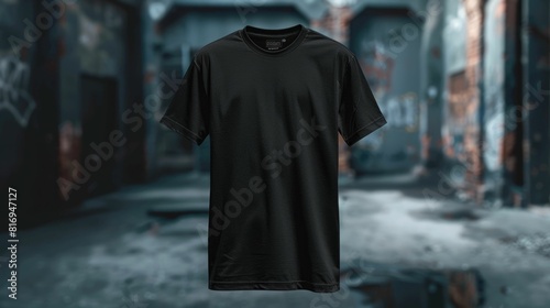 Minimalist Black Shirt Mockup Against Grungy Urban Backdrop for Modern Streetwear Fashion