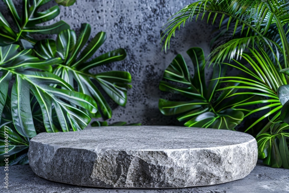 Round gray stone cosmetics product advertising podium stand with tropical leaves background. Empty natural stone pedestal platform to display beauty. Mockup Round gray stone cosmetics product advertising podium stand with tropical leaves background. Empty natural stone pedestal platform to display beauty. Mockup