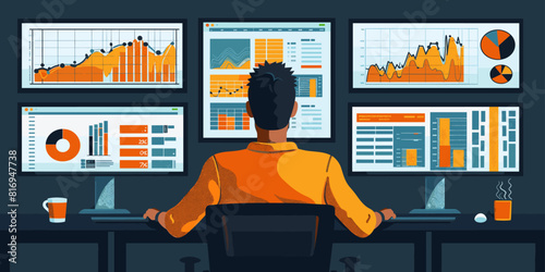 Professional working at a multi-monitor setup displaying vibrant data analytics charts, ideal for business and technology themes