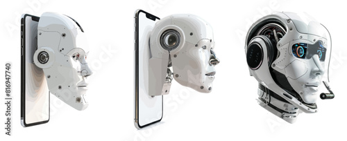 AI chatbot depicted as a robot head floating above a phone screen. The mobile AI chatbot communicates with users via messenger. 