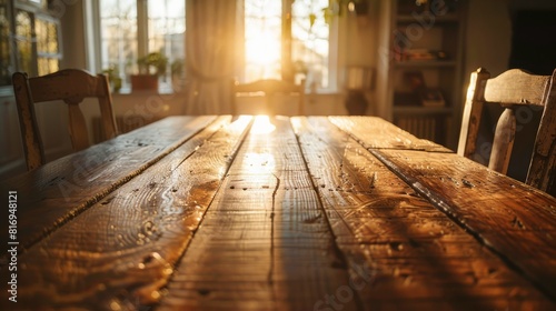 Rustic wooden table with chairs in warm sunlight for a cozy home or event design