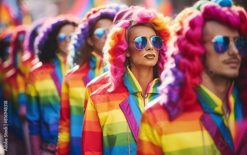 Pride Men and women dressed in rainbow outfits at a parade copy space, pride parade, dynamic, manipulation, festival backdrop