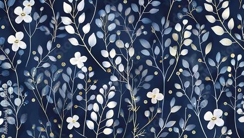 A blue and white floral pattern with white flowers