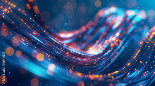 Abstract image featuring flowing  glowing lines with vibrant blue and orange bokeh lights  creating a dynamic and futuristic visual effect.