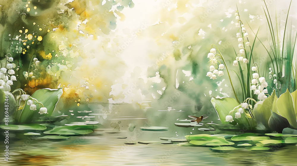 a serene garden pond surrounded by elegant lily of valley in shades of white , green , and yellow