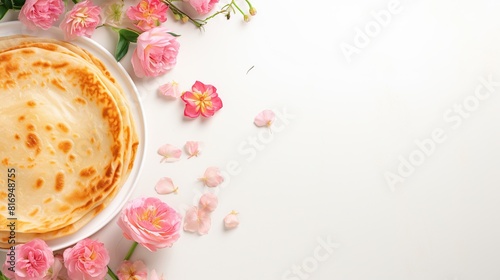 aloo paratha isolated on white background. Roti Prata food poster card design flowers space